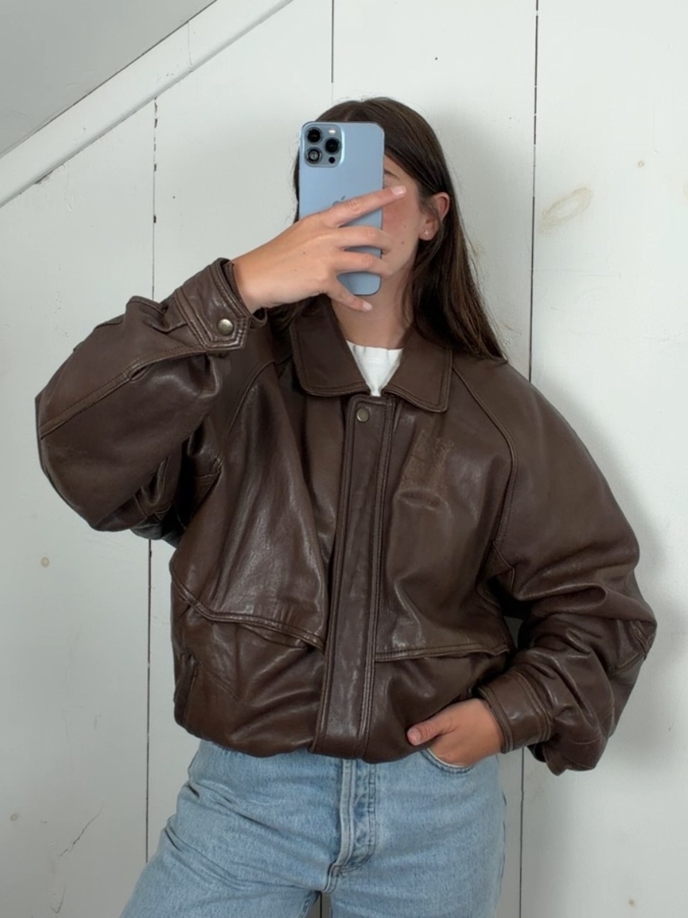 Vintage Harbour Club Brown Leather Distressed Bomber Jacket Men’s 42 Large 90s